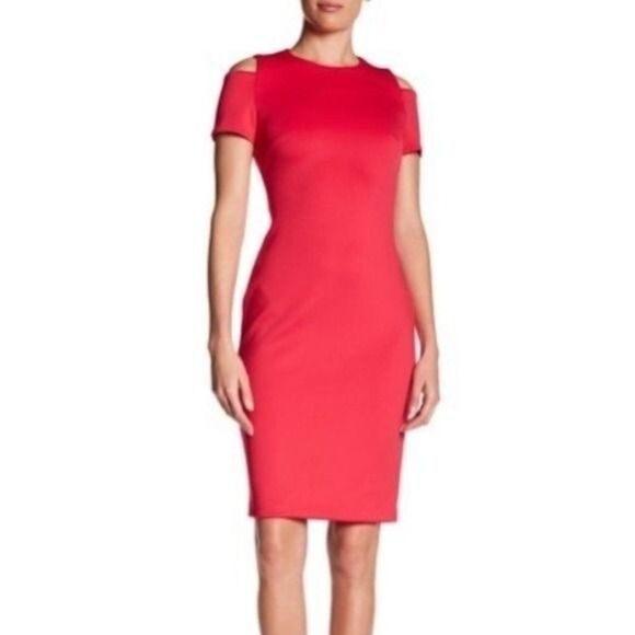 Calvin Klein Dresses & Skirts - Calvin Klein Cold Shoulder Coral Scuba Sheath Dress 8